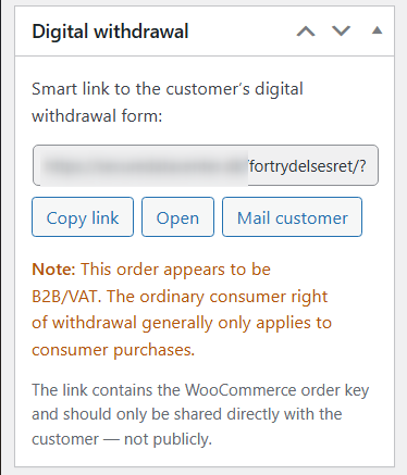WooCommerce order box with smart digital withdrawal link